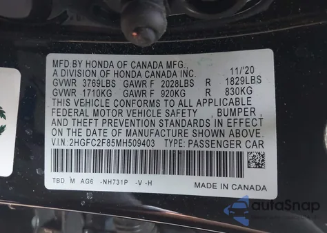 2021 Honda Civic Sport z USA, uszkodzony, nr VIN 2HGFC2F85MH509403